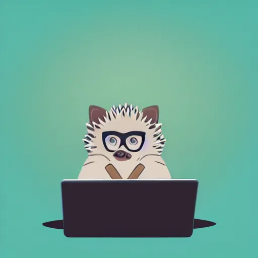 Prompt: a hedgehog in glasses and a hoodie sits at a laptop