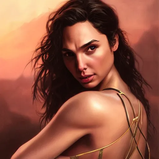 Image similar to painting of gal gadot, cheeky bikini, ultra realistic, concept art, intricate details, eerie, highly detailed, photorealistic, octane render, 8 k, unreal engine, art by artgerm and greg rutkowski and alphonse mucha