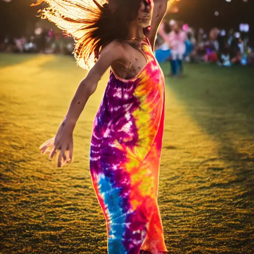 Prompt: a detailed full body portrait of a hippie girl dancing in a tie - dye dress at a music festival in golden gate park, at sunset, film photography, bokeh, depth of field