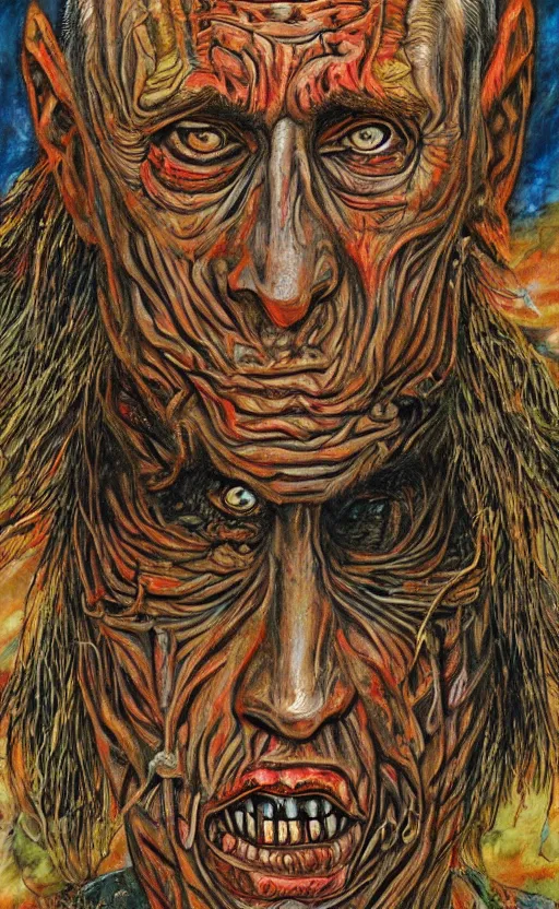 Prompt: amazing detailed intricate horror painting of a monstrous vladimir putin. disturbing, twisted, dark, evil. vibrant colors. award winning. trending on arstation.