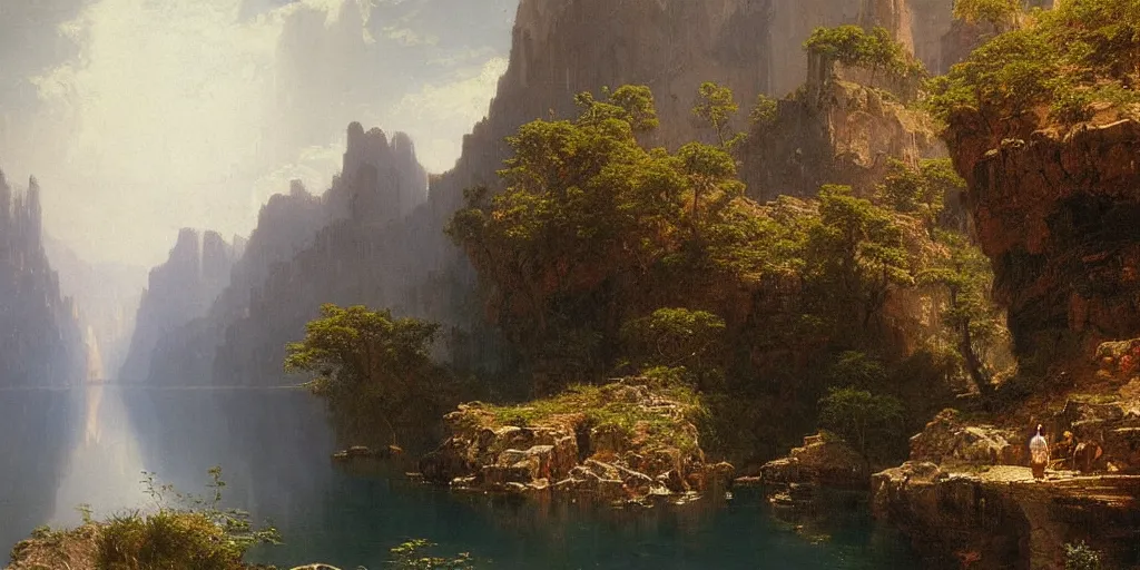 lake in a canyon, midday, cinematic, albert bierstadt, | Stable ...