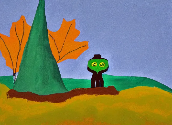 Image similar to portrait of pepe tge frog hiking franconia ridge new hampshire in autumn, artwork by etel adnan