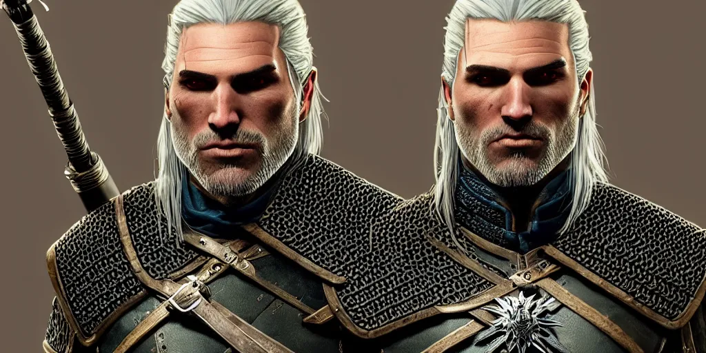 Image similar to geralt of rivia new costume concept design with metal sholders and ornaments on the armor, witcher wild hunt, fashion, colors with gold and dark blue, concept art, by artgerm, greg rutkowski, cinematic light, featured on artstation, octane render, sharp focus, ray tracing, artstationhq, cgsociety, 8 k.