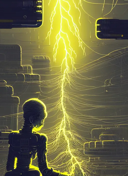 Image similar to highly detailed portrait of wasteland punk long curly bright yellow and white plasma electricity hair tribal lady, stray electric spark wiring by atey ghailan, james gilleard, by joe fenton, by greg rutkowski, by greg tocchini, by kaethe butcher, 4 k resolution, gradient yellow, black and white color scheme!!! ( ( lightning cloudy robotic dystopian city background ) )