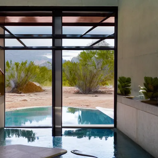 Image similar to modern desert pavilion interior looking out of large pivoting doors into expansive pool and vista with cacti