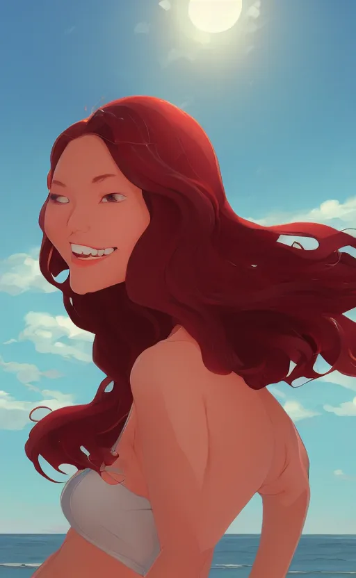 Prompt: lois van baarle, artgerm, helen huang, by makoto shinkai and ilya kuvshino, rossdraws, illustration, art by ilya kuyshuno. cute scarlet red haired cyborg woman, steel gray body, denim shorts, at beach at sunset, beautiful face, smile, elegant, exaggerated proportions, looking at camera