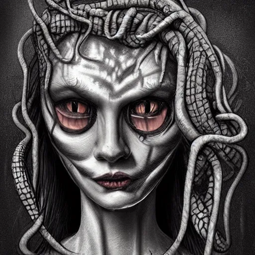 Prompt: surrealism grunge cartoon portrait sketch of Medusa, by michael karcz, loony toons style, freddy krueger style, horror theme, detailed, elegant, intricate