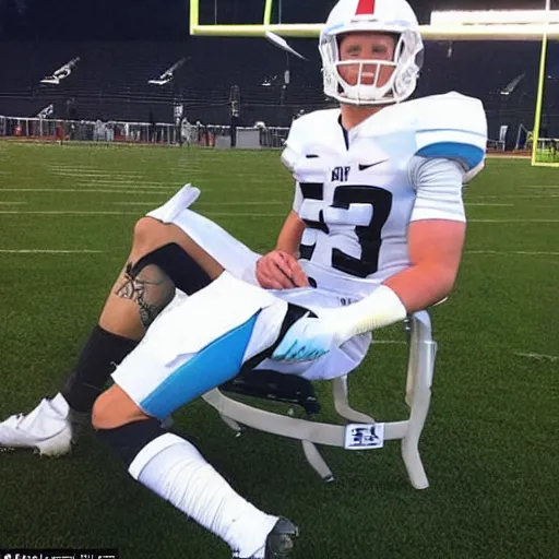 Image similar to “ a realistic detailed photo of a guy who is an attractive humanoid who is half robot and half humanoid, who is a male android, football player christian mccaffrey, shiny skin, posing like a statue, blank stare, on the field, on display ”