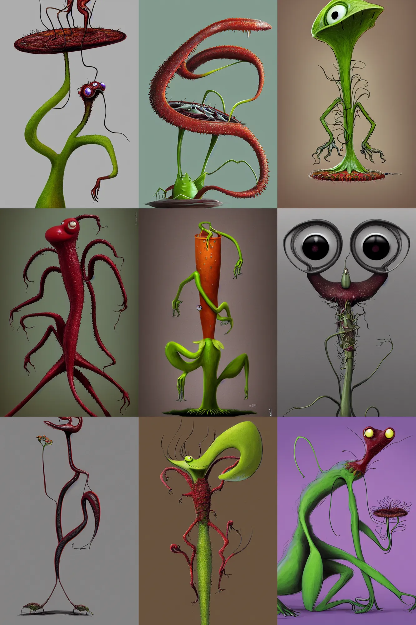 Prompt: anthropomorphic mutant carnivorous plant, character design by Disney and Pixar, composition by Henri Cartier Bresson, sculpted in zbrush, minimal, Drosera capensis, dystopian, big eyes with eyelashes, snap traps of Dionaea muscipula, extremely detailed, digital painting, artstation, concept art, sharp focus, illustration, chiaroscuro lighting, golden ratio, rule of thirds, fibonacci