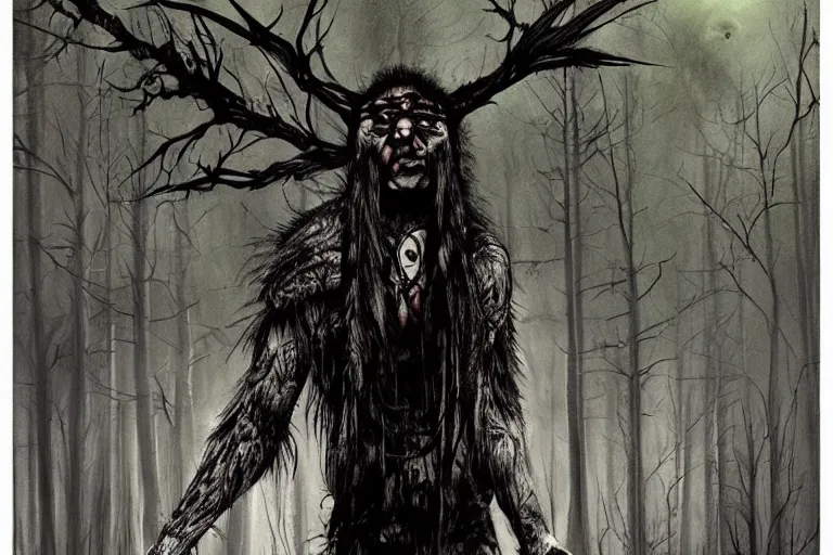 Image similar to mad native american skinwalker in grim forest artwork by ben templesmith