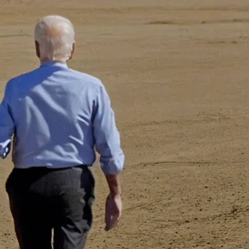 Prompt: a color photo taken from a distance of joe biden walking in a wasteland