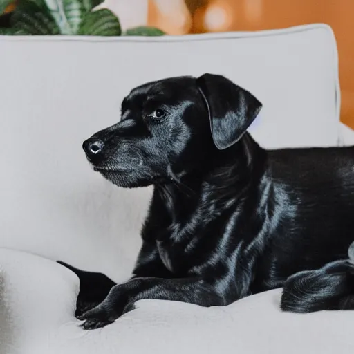 Image similar to a small black dog with a white face, lying down on a sofa, house plants and wood furniture in the background, indoors, dim light, photograph, 4 k, shot on iphone