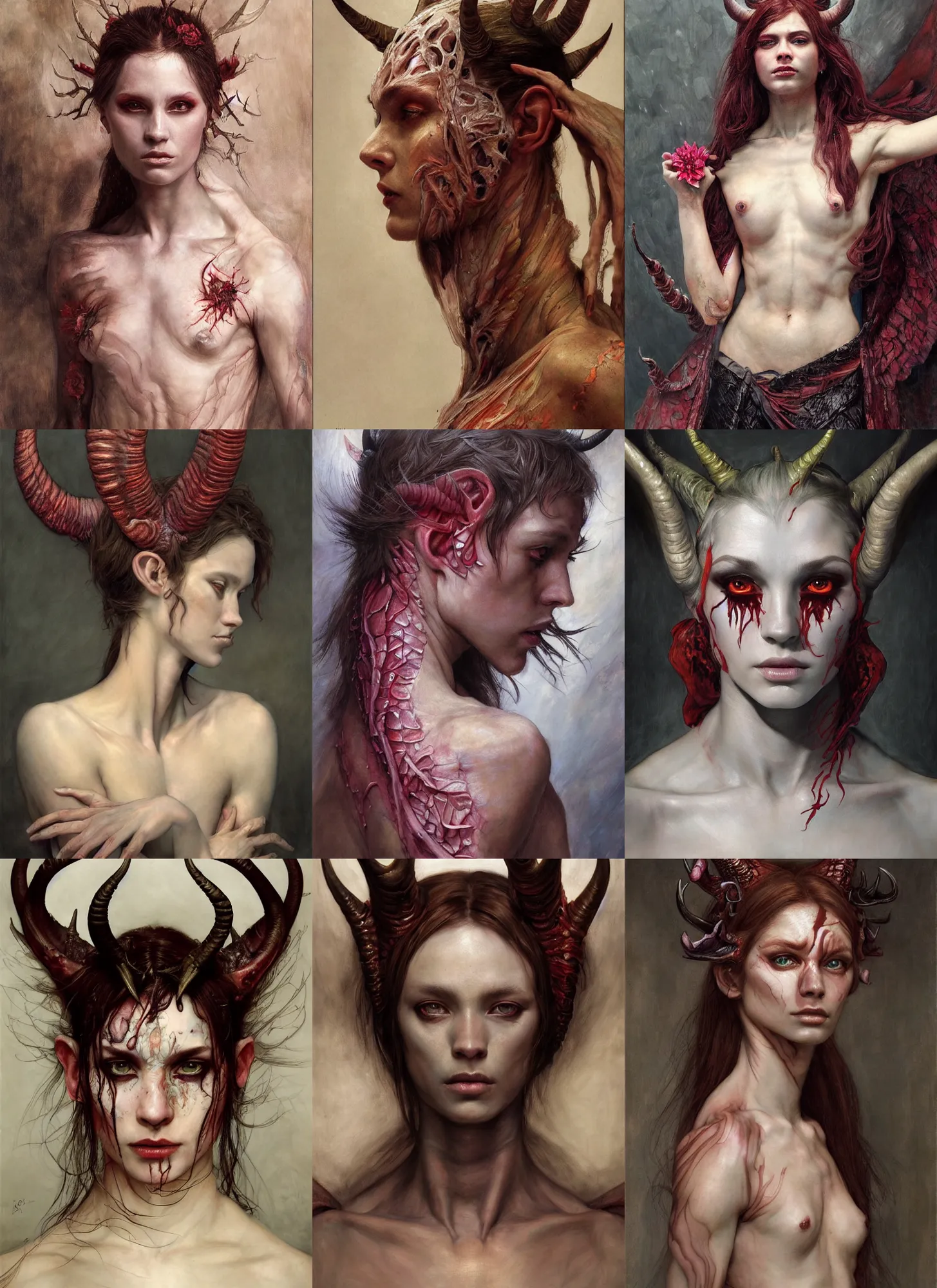 Prompt: half demon half human intricate skin, petals, elegant, peaceful, full body, horns, hyper realistic, extremely detailed, dnd character art portrait, fantasy art, intricate fantasy painting, dramatic lighting, vivid colors, deviant art, artstation, by edgar maxence and caravaggio and michael whelan and delacroix.