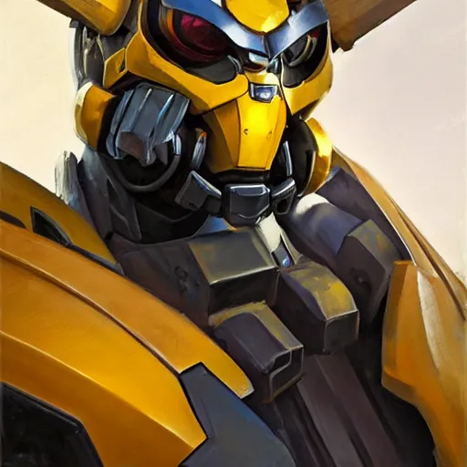 Image similar to greg manchess portrait painting of bumblebee the transformer as overwatch character, medium shot, asymmetrical, profile picture, organic painting, sunny day, matte painting, bold shapes, hard edges, street art, trending on artstation, by huang guangjian, gil elvgren, ruan jia, greg rutkowski, gaston bussiere