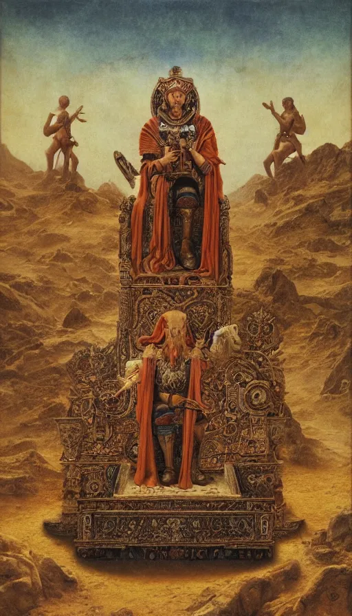 Prompt: the emperor with the head of a ram wearing full body armor, at the top of a barren mountain, golden taurus, mars energy, ankh, wisdom, full body shot, sitting on a stone throne, agostino arrivabene