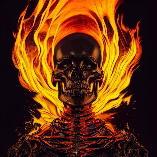 Prompt: A Black background portrait of A skeleton burning with black flames by greg rutkowsk and alphonse mucha and Simon Stålenhag and Zdzisław Beksiński,In style of digital art illustration.Dark Fantasy,darksouls,Ray tracing,Rembrandt lighting,smooth,hyper detailed,sharp focus,Soft light.trending on artstation.4k