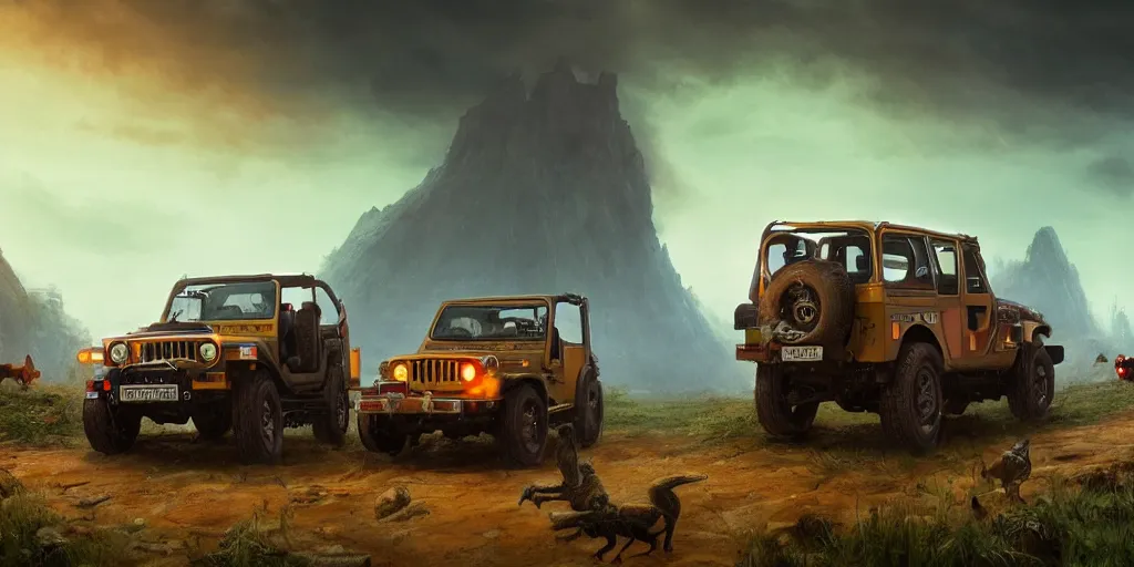 Prompt: Mahindra thar, headlights turned on, animals attacking, furious action scene, an epic fantasy, dramatic lighting, cinematic, establishing shot, extremely high detail, photorealistic, cinematic lighting, matte painting, artstation, by simon stalenhag, horizon forbideen west