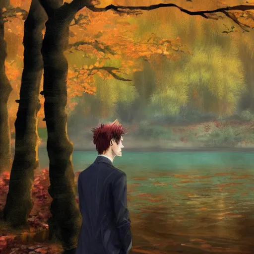 Image similar to stoic young man with red tipped hair that is otherwise green wearing a cream colored suit shedding a single tear standing before a lake in an autumnal forest, digital art, oil painting inspiration, yoji shinkawa inspiration, anime inspiration, artstation