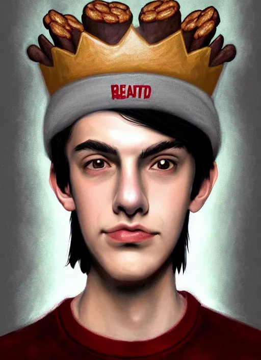 Image similar to portrait of teenage jughead jones wearing a light grey crown, photorealistic, crown, sweater with letter s on it, hamburger, eyes closed, crown, black hair, intricate, elegant, glowing lights, highly detailed, digital painting, artstation, concept art, smooth, sharp focus, illustration, art by wlop, mars ravelo and greg rutkowski