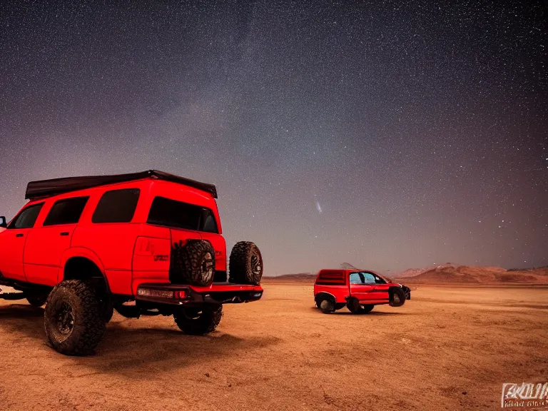 Image similar to dodge ram red power wagon with a roof top tent camping on dry lake night, long exposure, milky way, award winning, cinematic