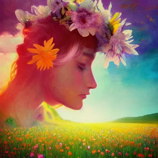 Image similar to girl with a blooming flower for a head, surreal photography, dream, standing in flower field, magical, in a valley, sunrise dramatic light, impressionist painting, colorful clouds, artstation, simon stalenhag, blooming flower face