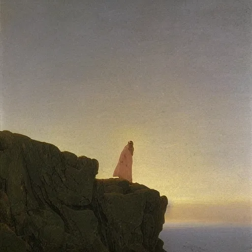 Image similar to caspar david friedrich oil painting of a cliff with a woman's face shape in the rocks,