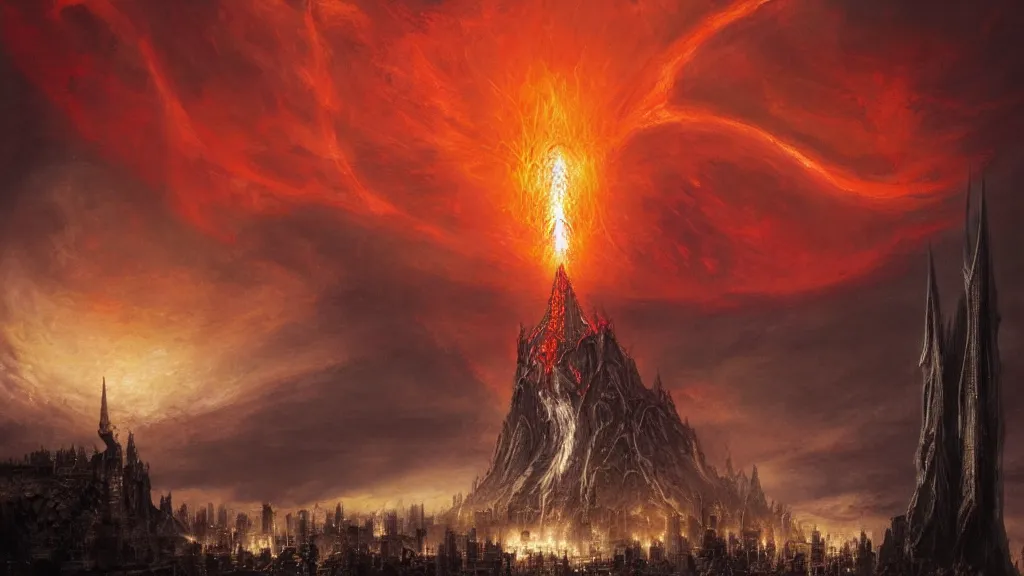 Image similar to flaming eye of sauron above the dark orc tower of barad - dur, by alan lee, michal karcz, smooth details, lord of the rings, game of thrones, smooth, detailed terrain, oil painting, trending artstation, concept art, fantasy matte painting