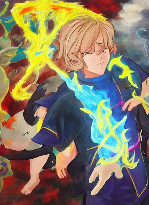 Prompt: An epic fantasy pokemon anime style portrait painting of a young blonde boy thief, vibrant colours