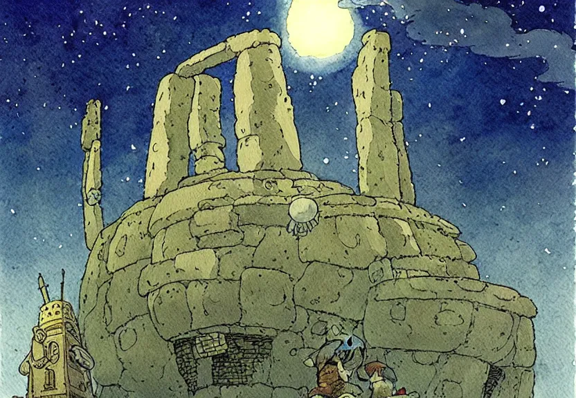 Image similar to a simple watercolor studio ghibli movie still fantasy concept art of a giant shaman from howl's moving castle ( 2 0 0 4 ) towering above stonehenge in the ocean. it is a misty starry night. by rebecca guay, michael kaluta, charles vess