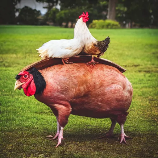 Image similar to photo of chicken standing on pig's back