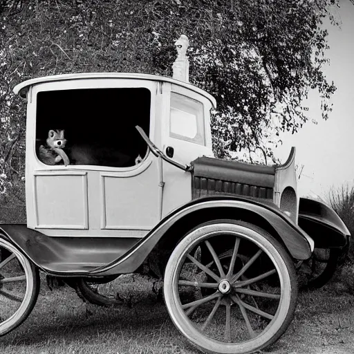 Image similar to a rabbit sitting inside a model t ford, black and white photograph