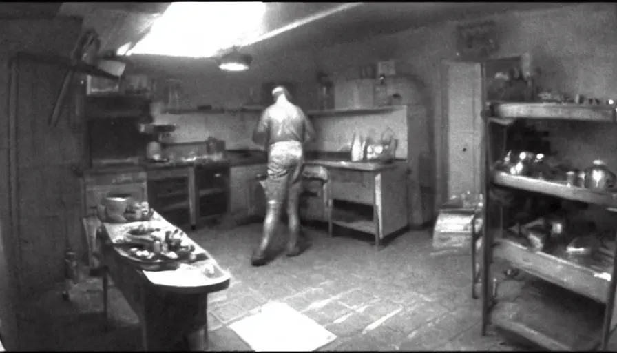 Prompt: a big snake and a man in a stalinist style kitchen, by mini dv camera, very very low quality, heavy grain, very blurry, accidental flash, webcam footage, found footage, security cam, caught on trail cam