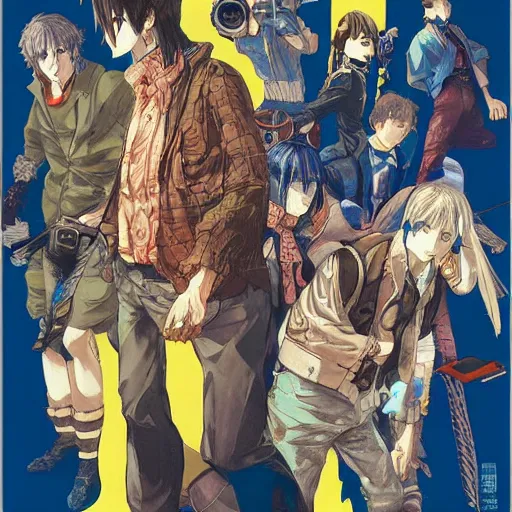 Prompt: The Banana Blue Gang, anime poster printed, Artwork by Akihiko Yoshida, cinematic composition