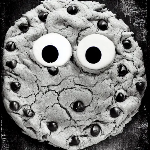 Prompt: creepy cookie monster, with evil grin, tintype, realistic.