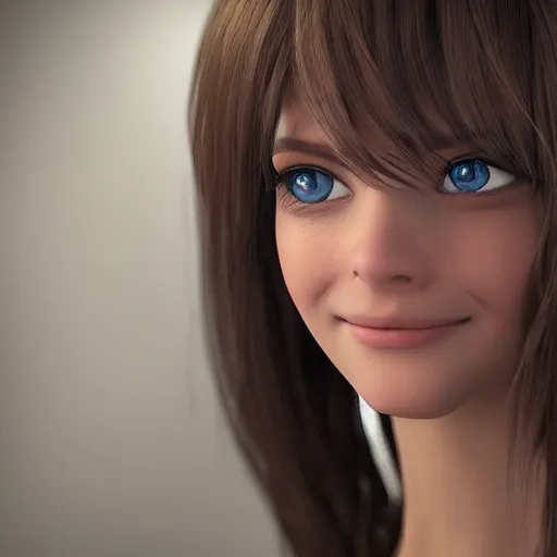 Image similar to a brown haired blue eyes beautiful girl smiling in character design. gesture drawing. line of action. official art, unreal engine 5, unreal engine. medium shot. ray tracing hdr. 8 k. uhd. sharp focus. highly detailed. masterpiece. golden ratio. anime render. cinematic lighting. lifelike. symmetrical face. beautiful face