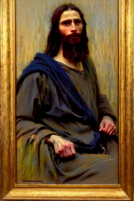 Image similar to impressionist brushstrokes!!!!!!!!! solomon joseph solomon and richard schmid and jeremy lipking victorian loose genre loose painting full length portrait painting of jesus with a slight smile happy inviting