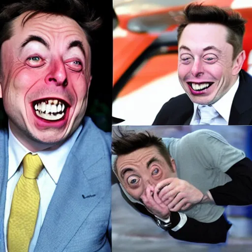 Prompt: funny face pulling competition winning funny face photo of elon musk as mr. bean, pulling the move'derp banshee ', hilarious face pulling competition winner, extreme face contortion