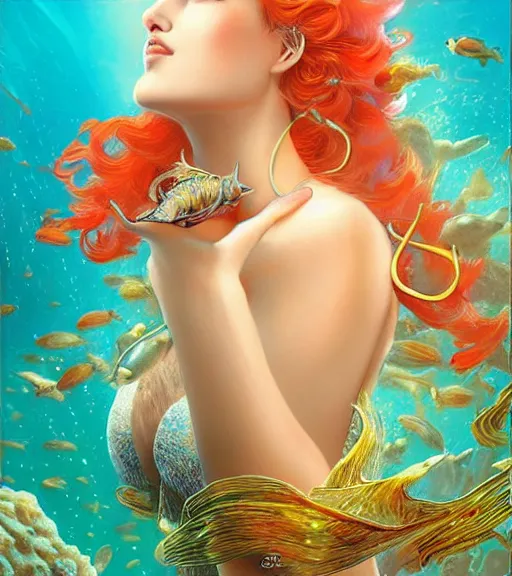 Image similar to goddess of the sea, brilliant coral reef surrounding her, fish swimming in background, digital art by artgerm and karol bak