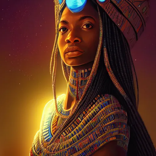 Prompt: highly detailed portrait of an african egyptian goddess, intricate alien technology, stephen bliss, unreal engine, fantasy art by greg rutkowski, loish, rhads, ferdinand knab, makoto shinkai and lois van baarle, ilya kuvshinov, rossdraws, tom bagshaw, global illumination, bokeh, radiant light, detailed and intricate environment