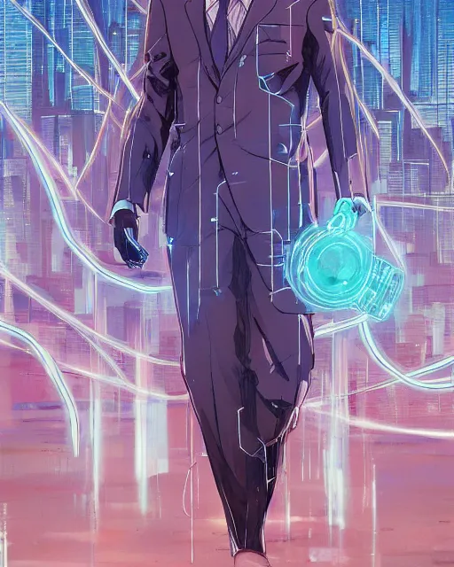 Image similar to portrait of saul goodman as a robot, cybernetic enhancements, art by makoto shinkai and alan bean, yukito kishiro