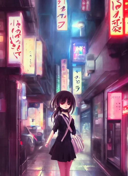 Prompt: a realistic painting of an anime girl crossing a crowded street at night in the city of Tokyo. Gorgeous realistic lighting. Atmospheric. Digital painting. Artstation.