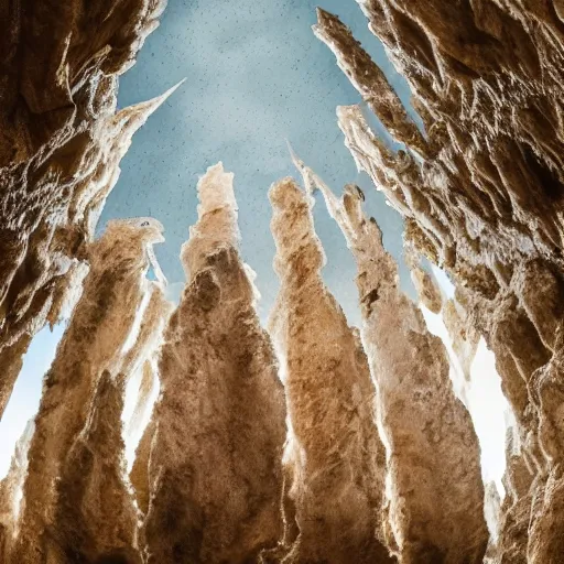 Prompt: a large cathedral made out of stalagmites and rock, flying in the sky