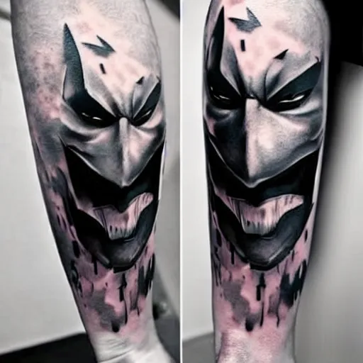 Prompt: tattoo of a half left face batman and half right face joker