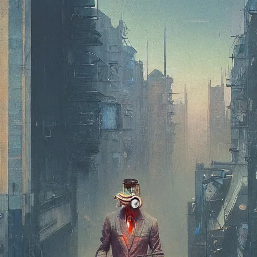 Image similar to portrait of masked cyberpunk scientist on the art deco streets of the Empire city, award-winning realistic sci-fi concept art by Beksinski, Bruegel, Greg Rutkowski, Alphonse Mucha, and Yoshitaka Amano