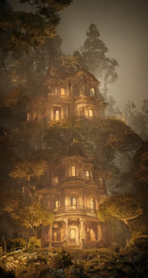 Image similar to A haunted Mansion on the mountain's edge at night during the Lunar Eclipse, evil, demonic, enchanting, angelic, flowers, nature, city, symmetry, environment concept, cinematic, Rendered in Octane, trending on artstation, cgsociety, moody lighting rendered by octane engine, environment 8K artstation, cinematic lighting, intricate details, 8k detail post processing, hyperealistic, octane render, photo realism, visually inspired by Stephen King