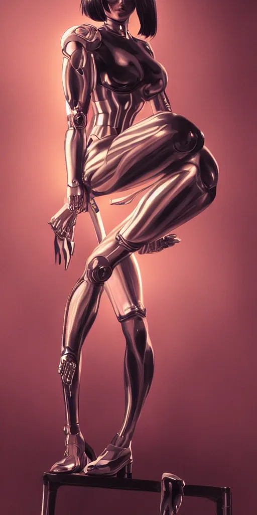 Image similar to beauty Alita woman sitting on a stool, dramatic lighting, mechanical details, electrical details, high details, 4k, 8k, trending on artstation, by Hajime Sorayama and Boris Vallejo