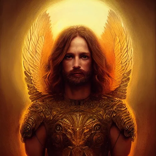 Image similar to majestic gracious archangel michael portrait, atmospheric lighting, painted, menacing, intricate, volumetric lighting, beautiful, rich deep colours masterpiece, golden hour, sharp focus, ultra detailed, by leesha hannigan, ross tran, thierry doizon, kai carpenter, ignacio fernandez rios