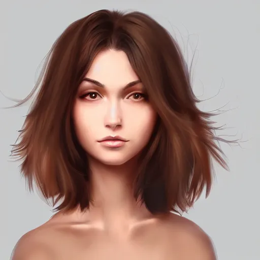 Prompt: woman with medium length brown hair, light brown eyes, small nose, artstation, digital art