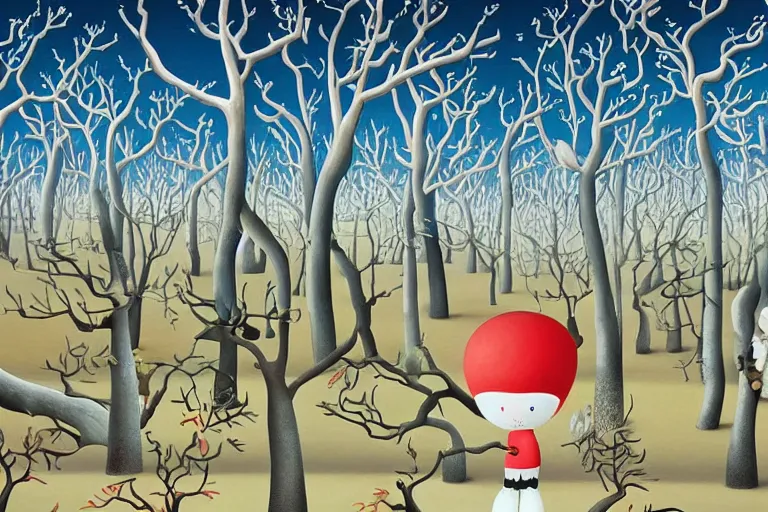 Image similar to A surreal winter forest landscape with barren trees by Chiho Aoshima and Salvador Dali