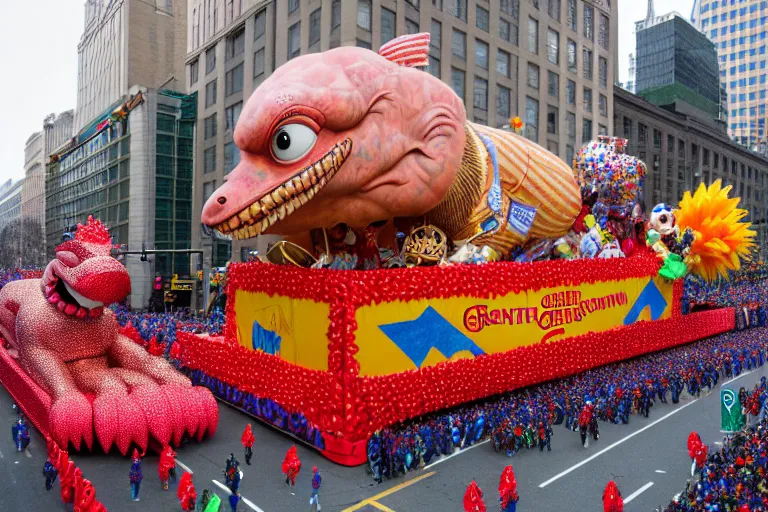 Image similar to photo of giant beautiful elaborate parade float designed by geoff darrow and wes anderson, in the macys parade, detailed 4 k photo